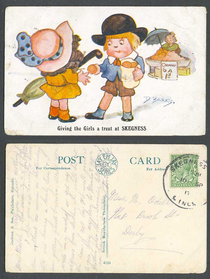 D. Barks 1917 Old Postcard Giving Girls a Treat at Skegness Lincolnshire Oranges