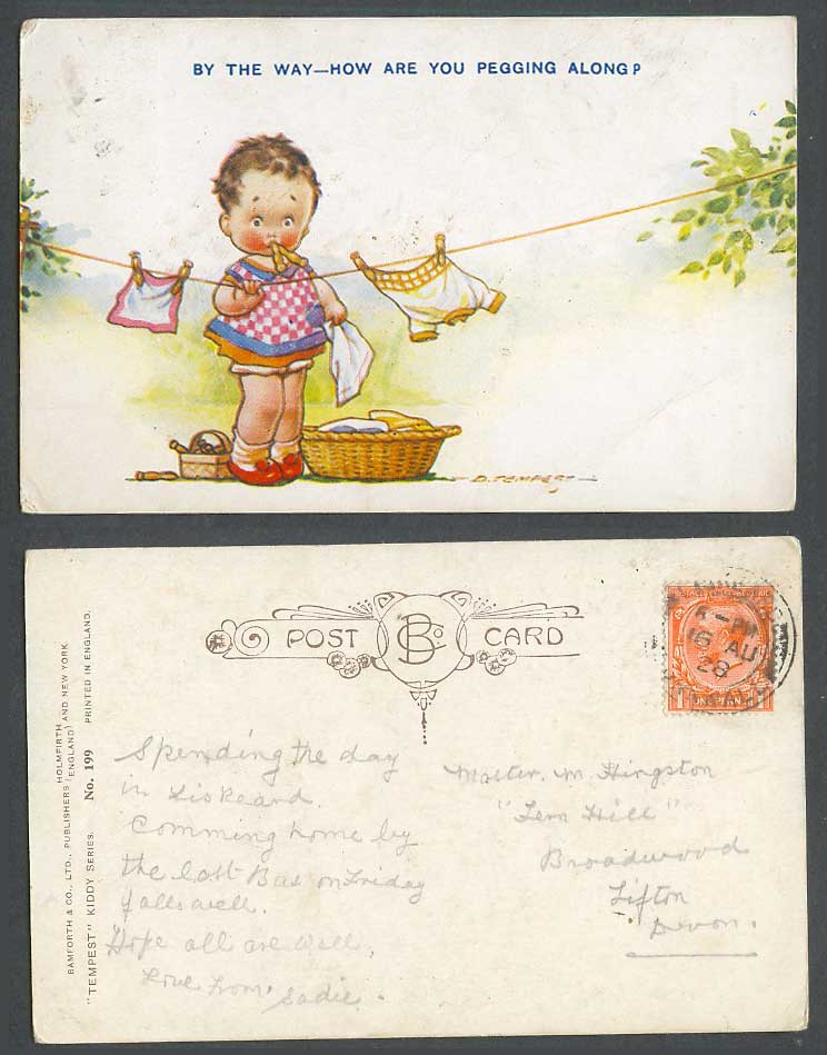 D. Tempest 1928 Old Postcard By the Way How Are you Pegging Along? Girl and Pegs