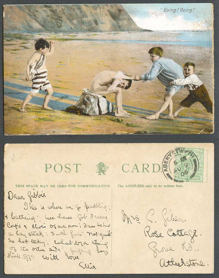 4 Little Boys at Play on Beach Seaside, Going! Going! Children 1906 Old Postcard