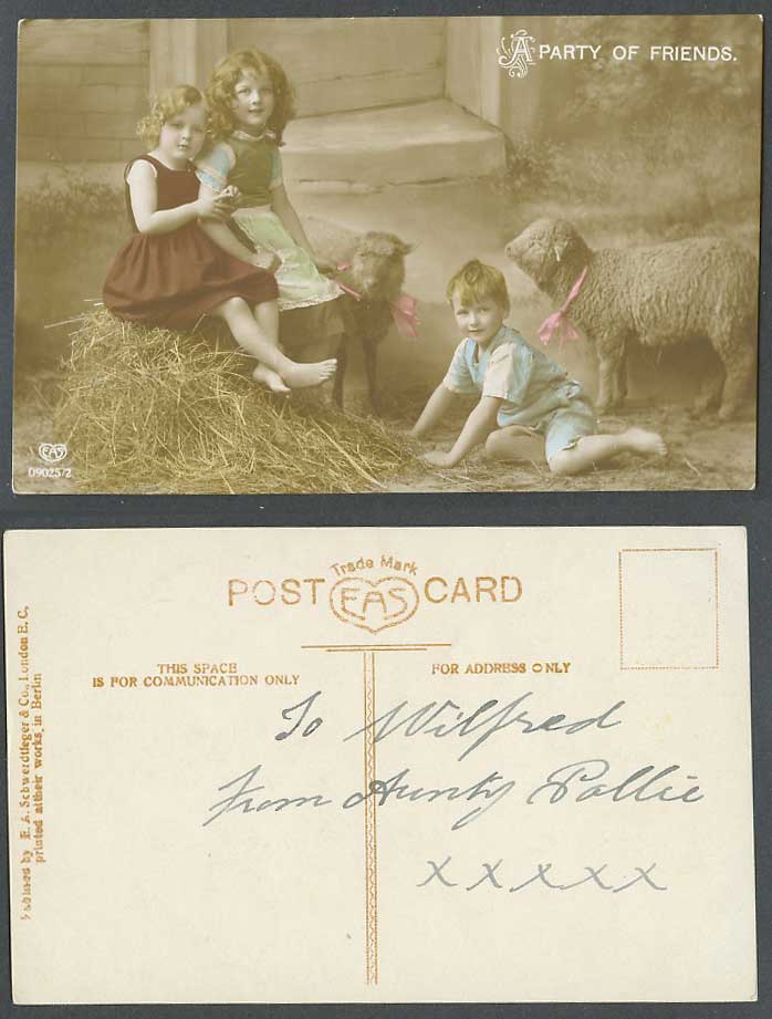 SHEEP Lambs Little Boy and Girls Children Party of Friends Old R. Photo Postcard