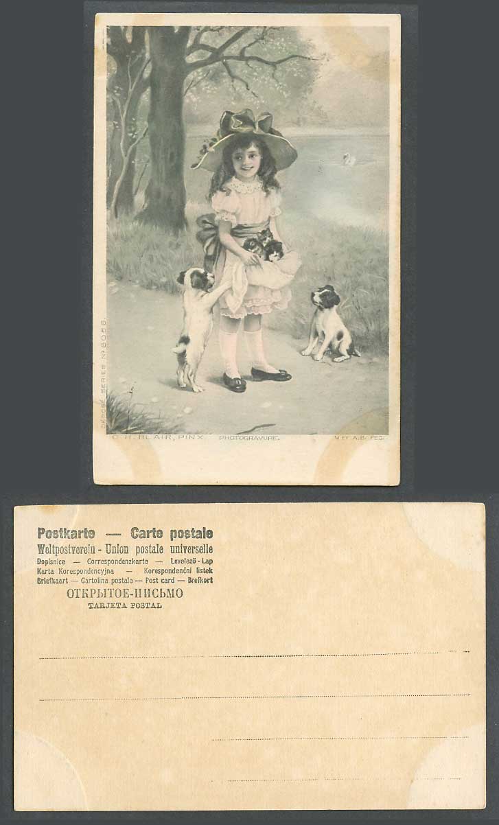 Dog Puppy Dogs Puppies, Girl, Swan Bird C.H. Blair Pinx Old Hand Tinted Postcard