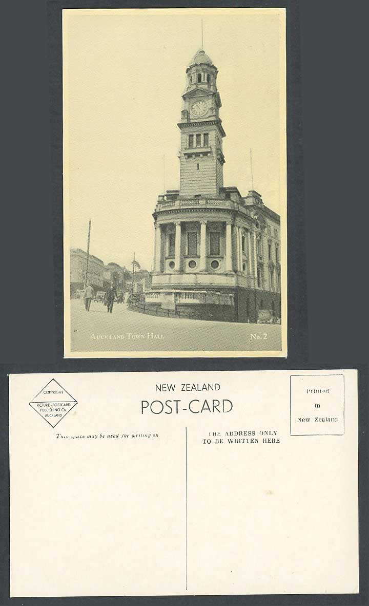 New Zealand Old Postcard Auckland, Town Hall, Clock Tower, Street Scene No. 2