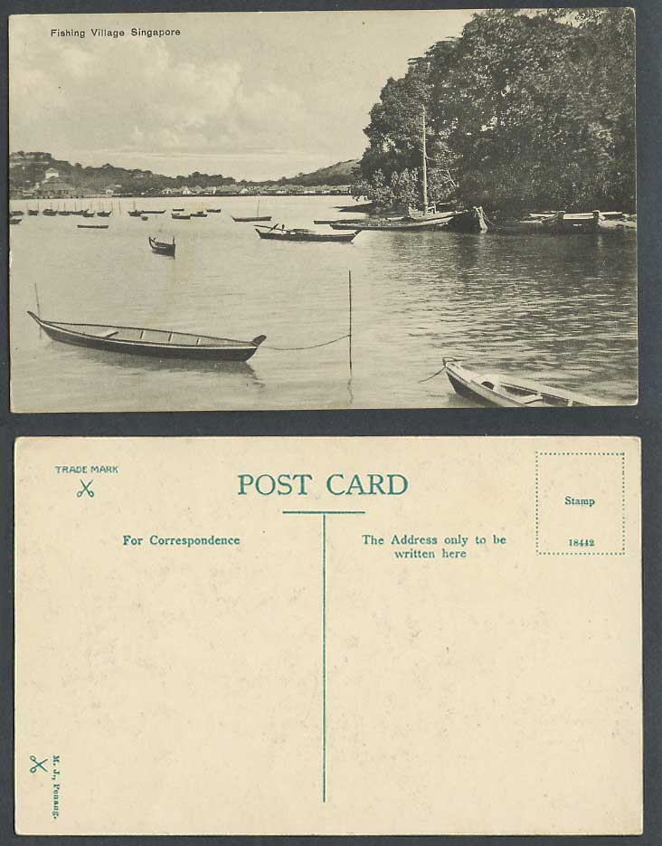 Singapore Old Postcard Malay Fishing Village Native Boats Canoe Panorama Fishery