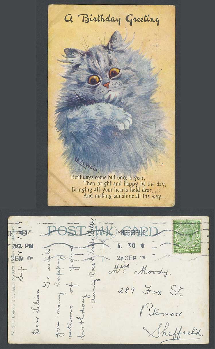 LOUIS WAIN Artist Signed Cat Kitten Birthday Greeting Sunshine 1917 Old Postcard