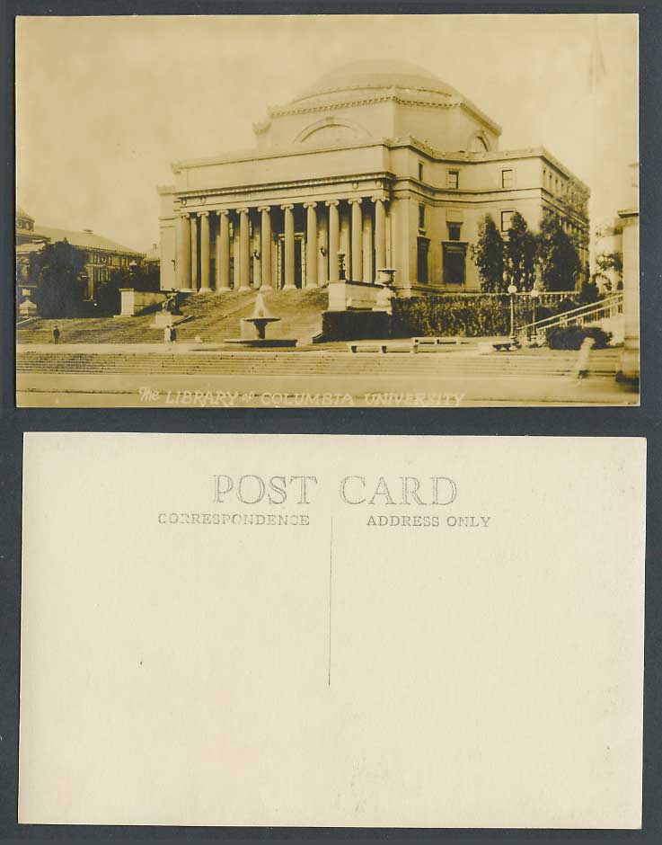 USA Old Real Photo Postcard The Library of Columbia University New York Fountain