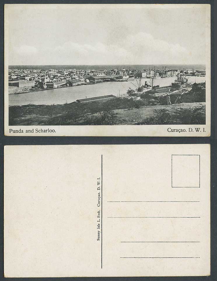 Curacao D.W.I. Postcard Punda and Sharloo Panorama Steam Ships Dutch West Indies