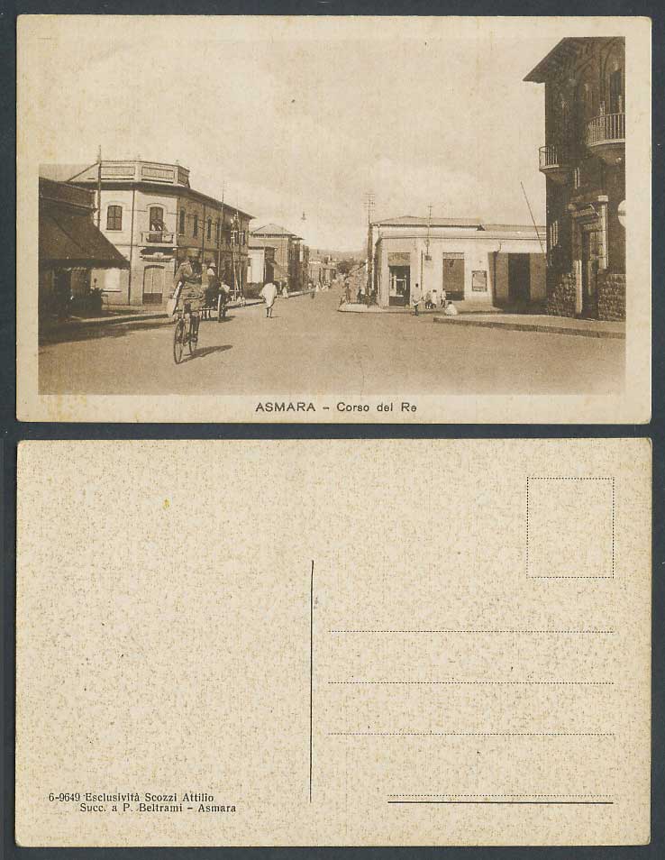 Eritrea Old Postcard Asmara Corso del Re, Street Scene, Bicycle Cyclist, Soldier