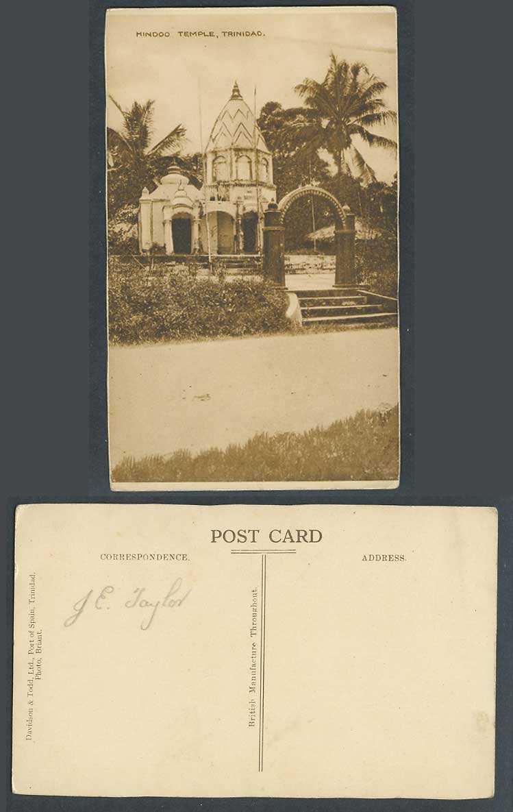 Trinidad B.W.I. Old Postcard Hindu Hindoo Temple, Arch Arched Gate, Palm Trees