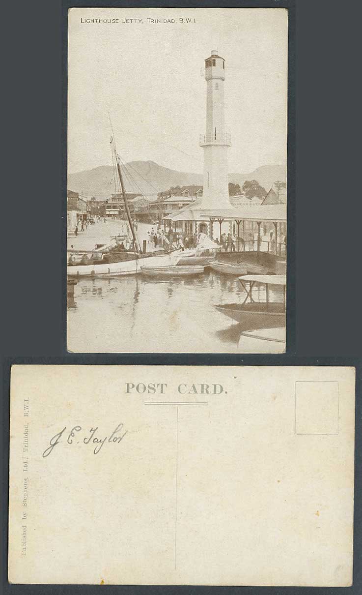 Trinidad B.W.I. Old Postcard Lighthouse Jetty, Harbour Quay Boats & Street Scene