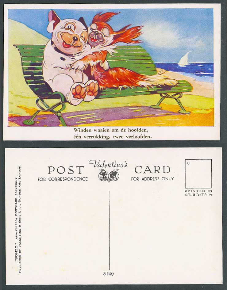 BONZO DOG GE Studdy Old Postcard Dogs Lovers Hugging on Bench Beach Seaside 5140