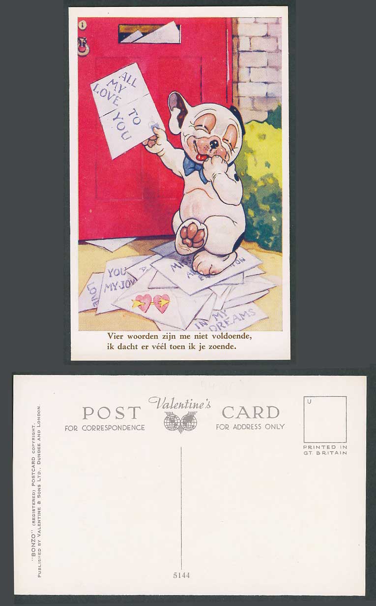 BONZO DOG G.E. Studdy Old Postcard Dutch Caption. All My Love To You Letter 5144