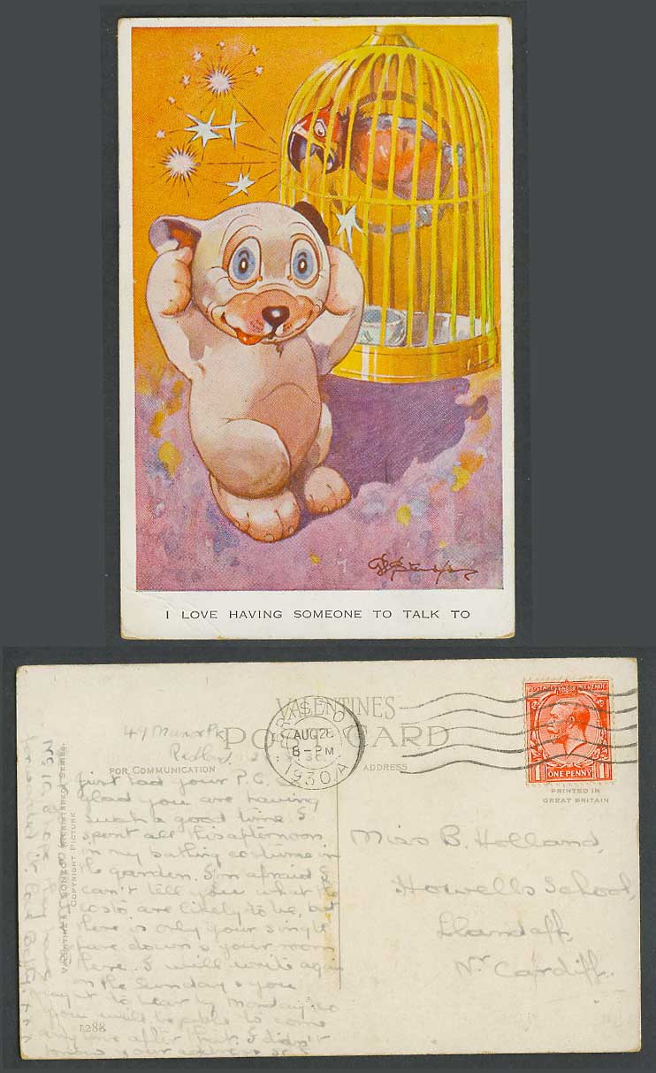 BONZO DOG GE Studdy 1930 Old Postcard Bird I Love Having Someone To Talk To 1288