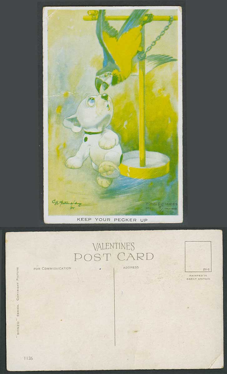 BONZO DOG G.E. Studdy Old Postcard Keep Your Pecker Up Parrot Parakeet Bird 1126