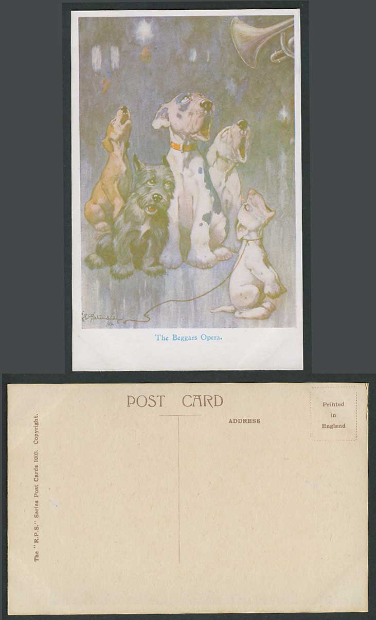 BONZO DOG GE Studdy Old Postcard The Beggars Opera Dogs Puppies Trumpet No. 1003