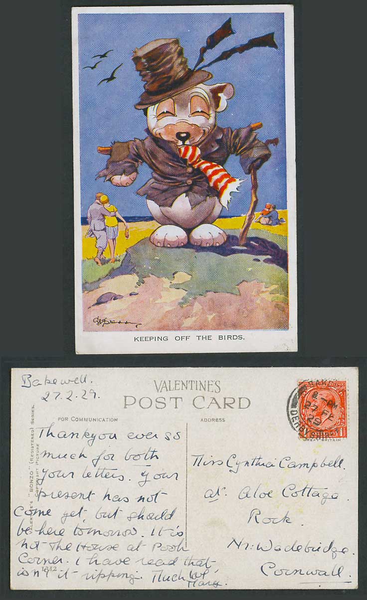 BONZO DOG GE Studdy 1929 Old Postcard Puppy Scarecrow Keeping Off The Birds 1312