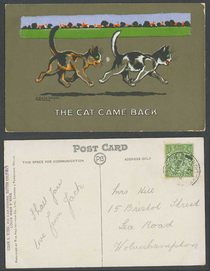 LOUIS WAIN Artist Signed 1913 Old Postcard The Cat Came Back Kitten Cats Kittens