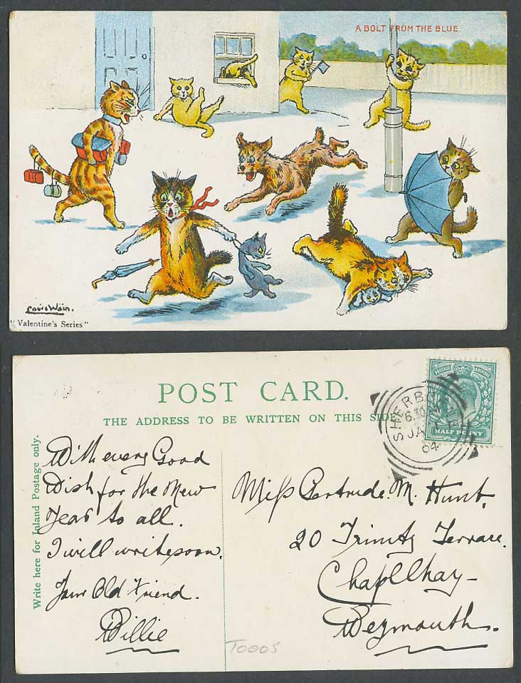 Louis Wain Artist Signed Cats Kittens Dog A Bolt from The Blue 1904 Old Postcard