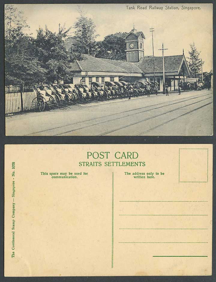 Singapore Old Postcard Tank Road Station Railway Train Rickshaw Coolie Tramlines