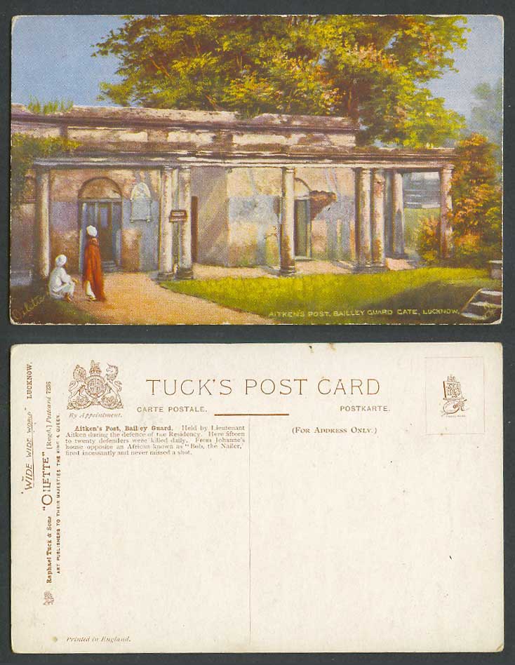 India Old Tuck's Oilette Postcard Aitken's Post Bailley Guard Gate Lucknow 2 Men