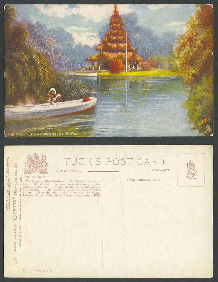 India Old Tuck's Oilette Postcard The Pagoda Eden Garden Calcutta, Man Boat Lake