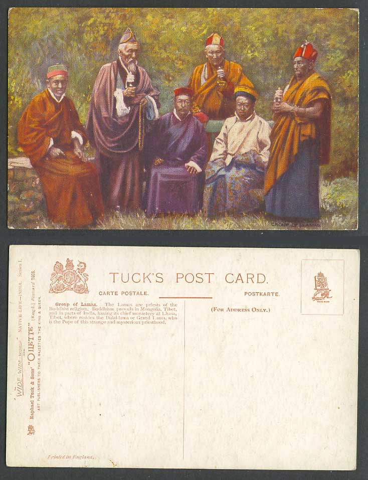 TIBET China India Old Tuck Oilette Postcard Group of TIBETAN LAMAS Prayer Wheels