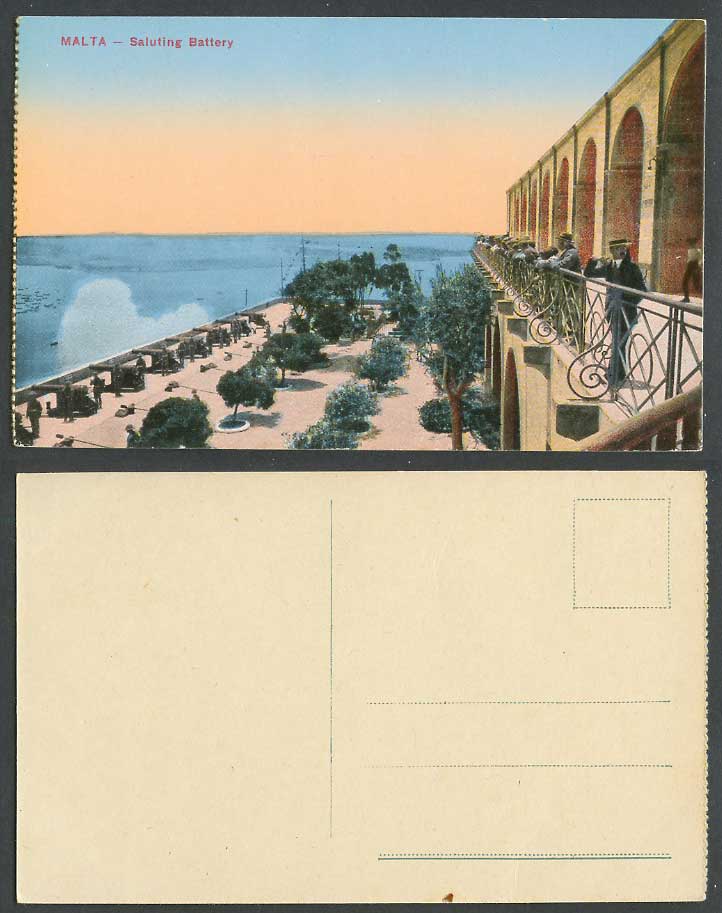 Malta Old Colour Postcard Saluting Battery, Firing Cannons Guns, Men on Terrace