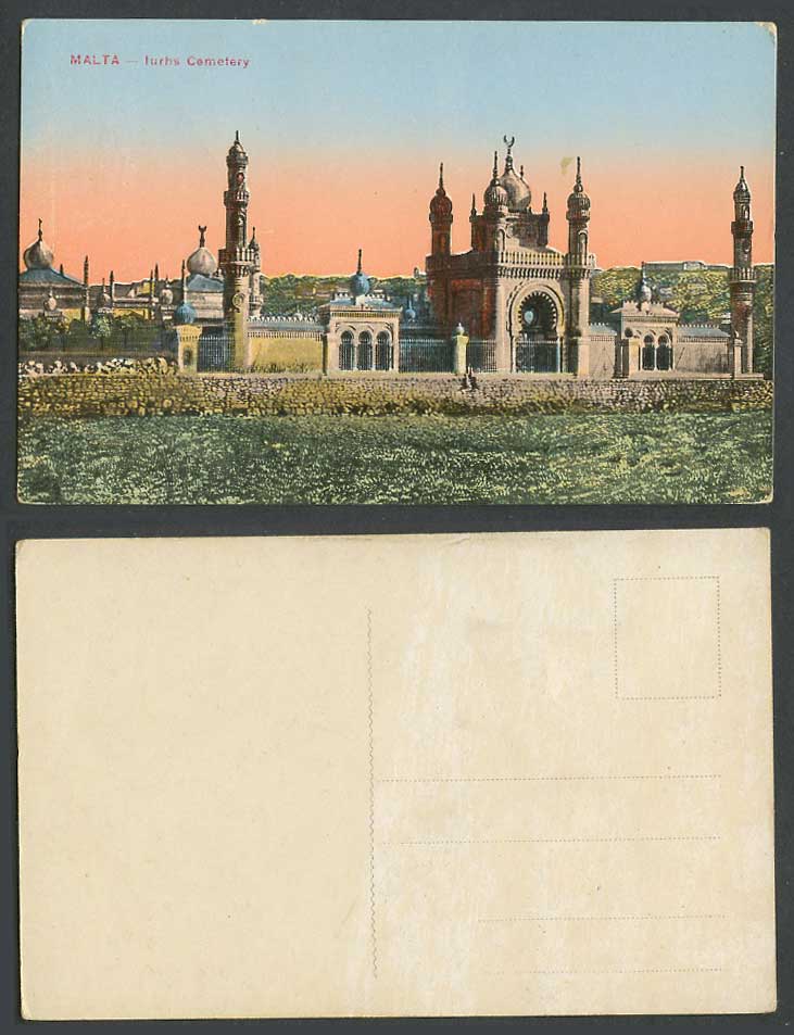 Malta Old Colour Maltese Postcard Iurhs Cemetery Entrance Gate, Sunset, Panorama