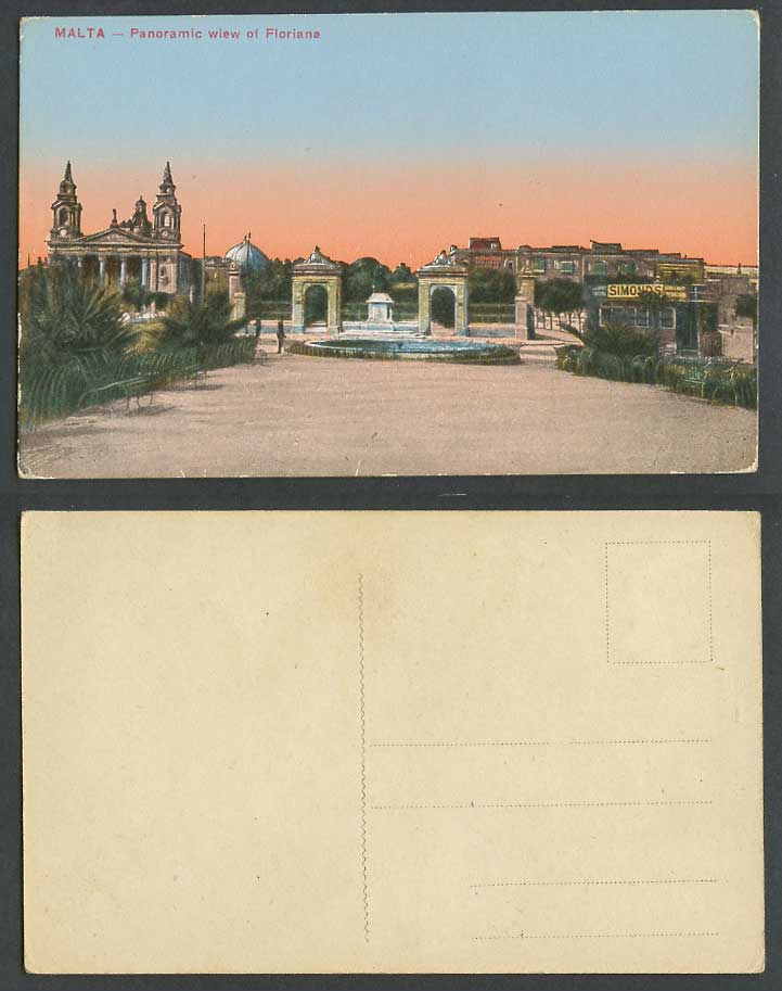 Malta Old Colour Maltese Postcard Panoramic View of Floriana Fountain Simonds AD