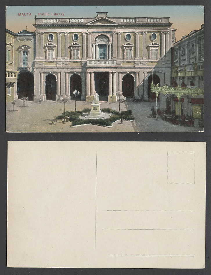 Malta Old Colour Maltese Postcard Public Library Building, Queen Victoria Statue