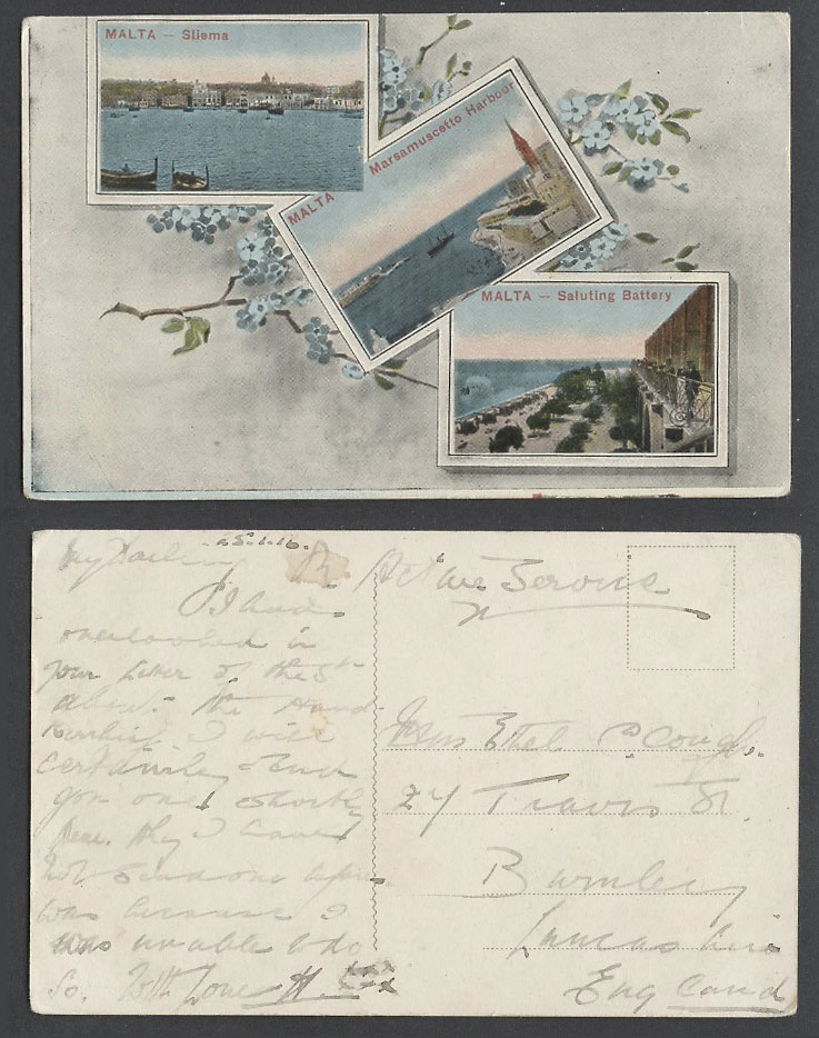 Malta OAS 1916 Old Postcard Sliema Dghaisa Marsamuscetto Harbor Saluting Battery
