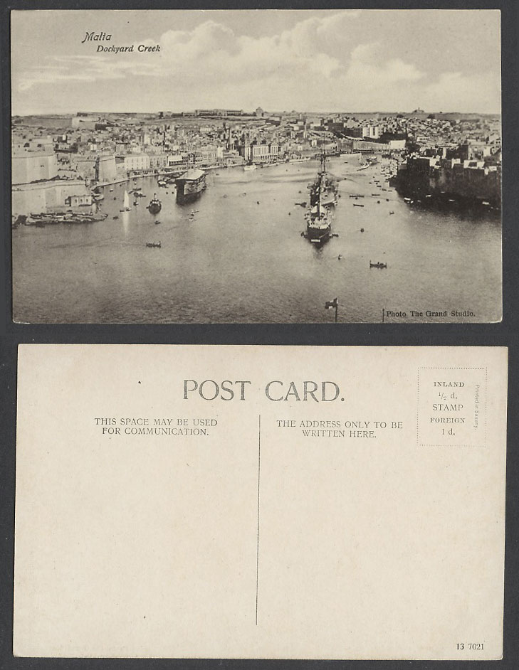 Malta Old Postcard Dockyard Creek Valletta Panorama Ship Boat Warship Battleship