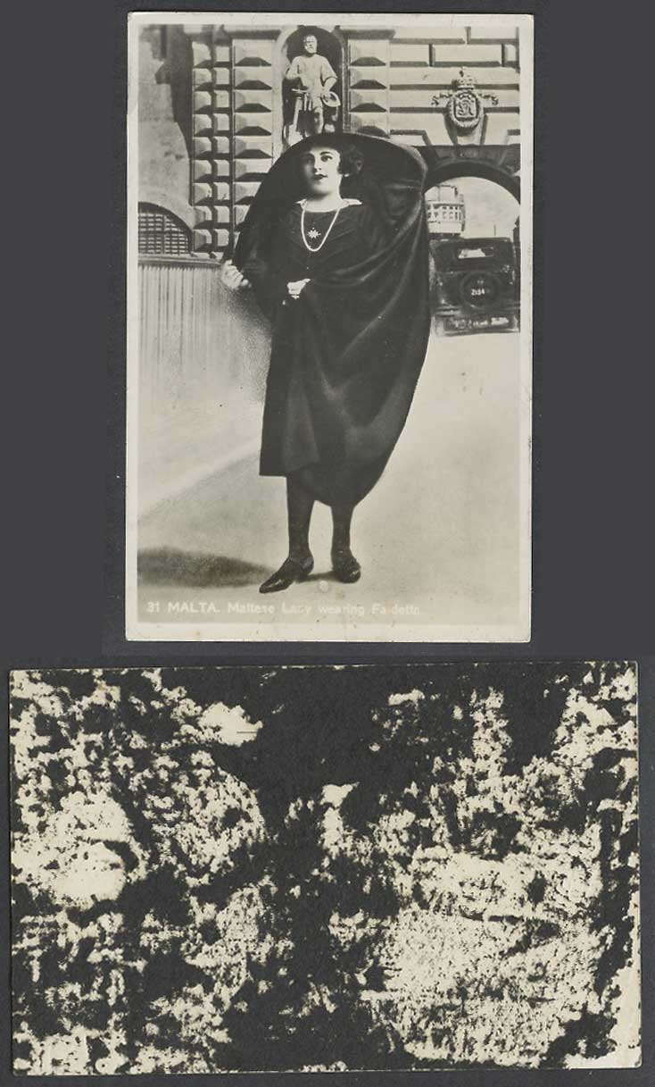 Malta Old Postcard Maltese Lady Woman wearing Faldetta Costumes Gate Car Street