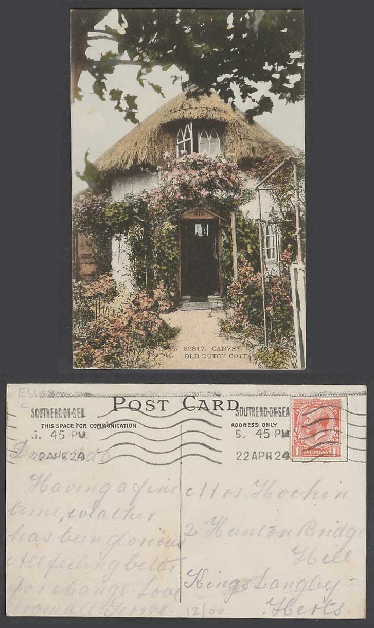 Canvey 1924 Vintage Colour Postcard Old Dutch Cottage, Thatched, Garden, Flowers