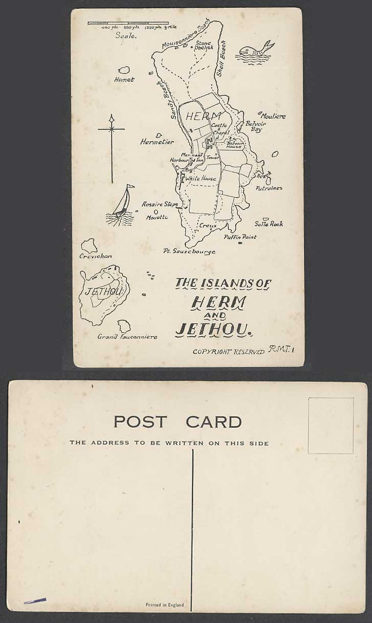 Guernsey Old Postcard MAP of The Islands of Herm Jethou, Fish Sailing Boat Yacht