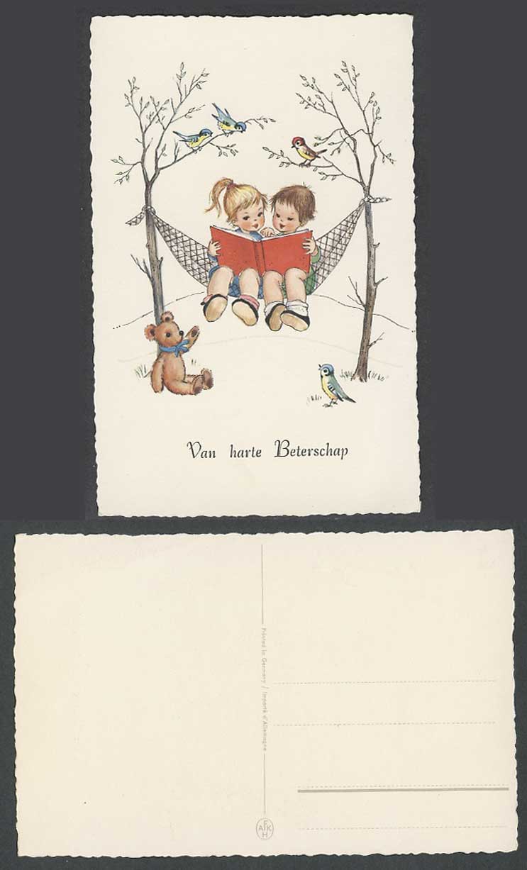 Teddy Bear Children Bird Hammock Girls Reading Book Speedy Recovery Old Postcard