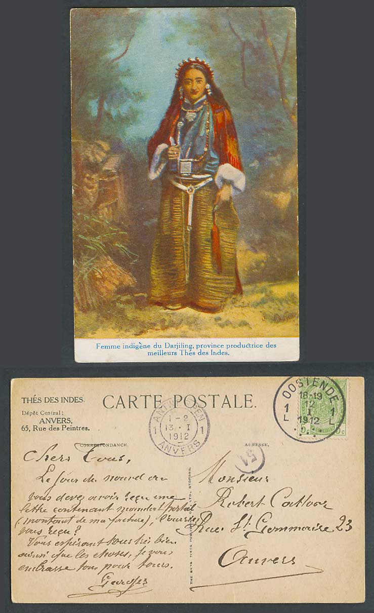 Tibet Belgium 1912 Old Postcard Tibetan Woman Darjeeling Costumes Indian Tea Ads