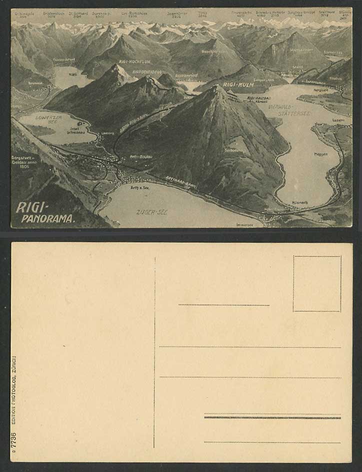 Switzerland MAP Rigi-Kulm Zuger-See Meggen Luzern Lakes & Mountains Old Postcard