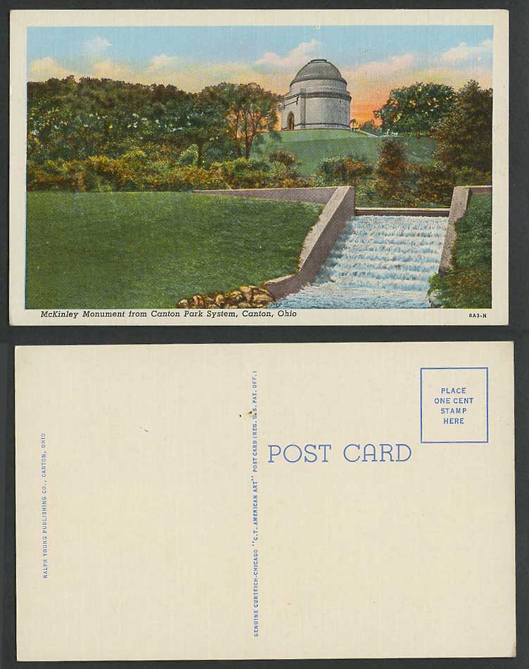 USA Ohio Old Postcard McKinley Monument from Canton Park System Waterfall Canton