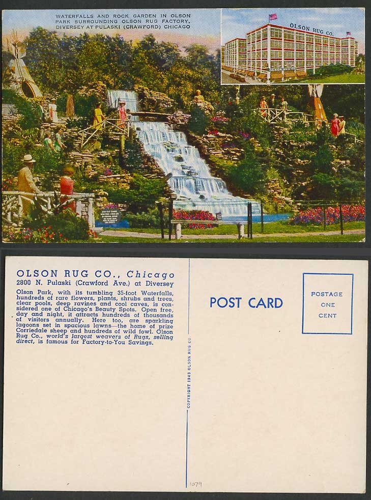 USA, Olson Park Waterfalls Rock Garden Rug Factory Diversey Pulaski Old Postcard