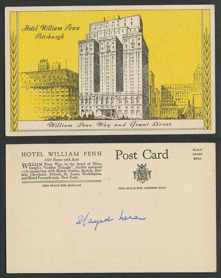 USA Pittsburgh Hotel William Penn Way and Grant Street Old Postcard Artist Drawn