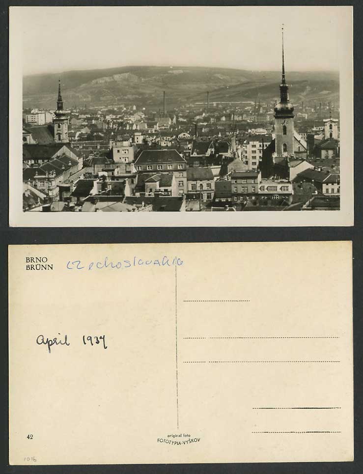 Czechoslovakia Brno Bruenn 1937 Old Real Photo Postcard Church Clock Tower Hills