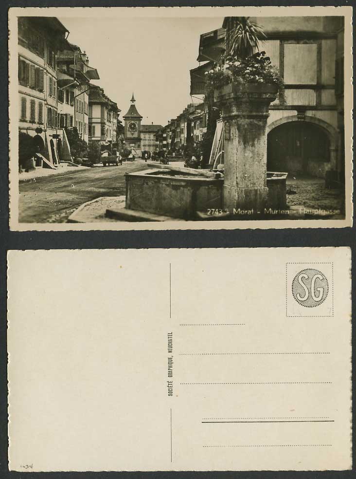 Swiss Old RP Postcard Morat Murten Hauptgasse, Street Scene Clock Tower Fountain