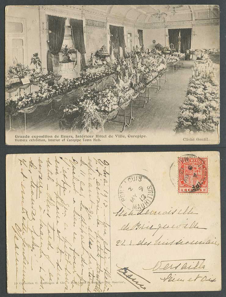 Mauritius 6c 1913 Old Postcard Interior of Curepipe Town Hall Flowers Exhibition