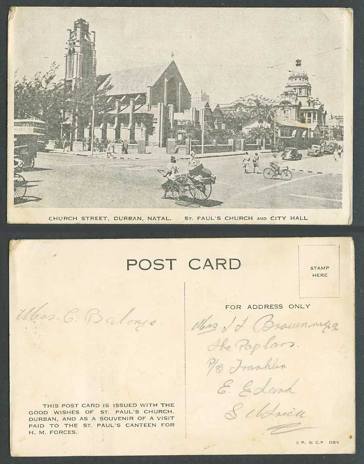 South Africa Durban Old Postcard St. Paul's Church Street Scene City Hall, Natal