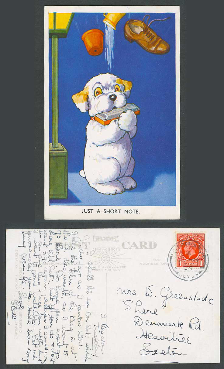Towzie Dog Bonzo Style Just a Short Note Harmonica Shoe Pot 1936 Old Postcard 11