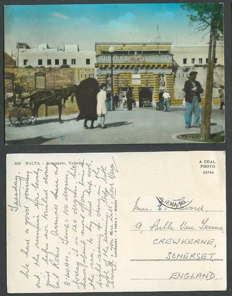 Malta Old Postcard Kingsgate Valletta Porta Reale Gate Horse Cart Woman Faldetta