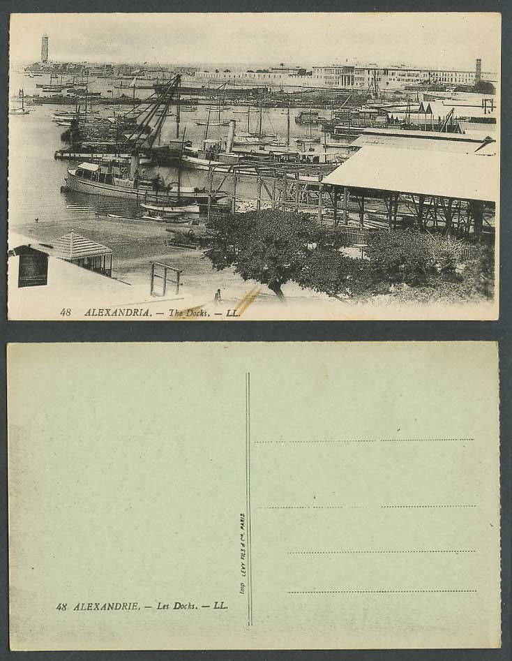 Egypt Old Postcard Alexandria The Docks Harbour Ships Boats & Lighthouse L.L. 48
