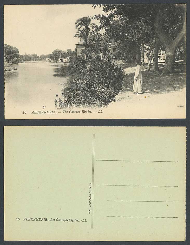Egypt Old Postcard Alexandria Les Champs-Elysees Arab Man River Palm Tree L.L.16