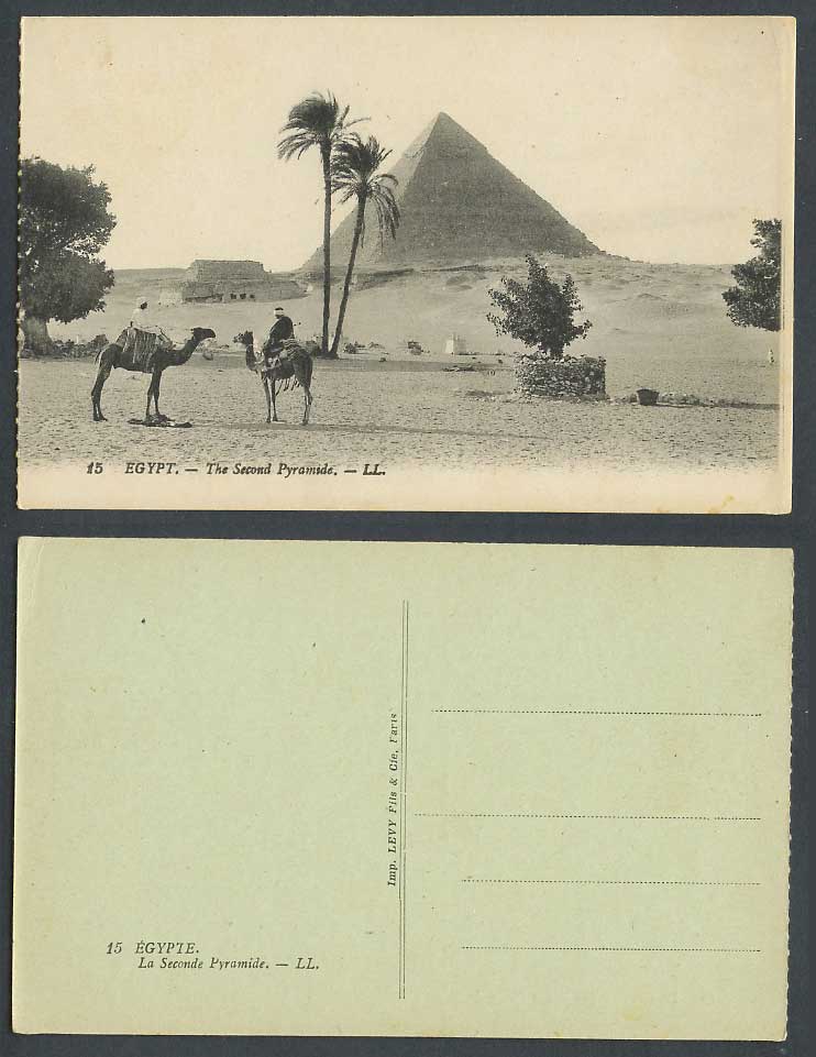 Egypt Old Postcard The 2nd Second Pyramid Camel Riders Palm Trees L.L. 15