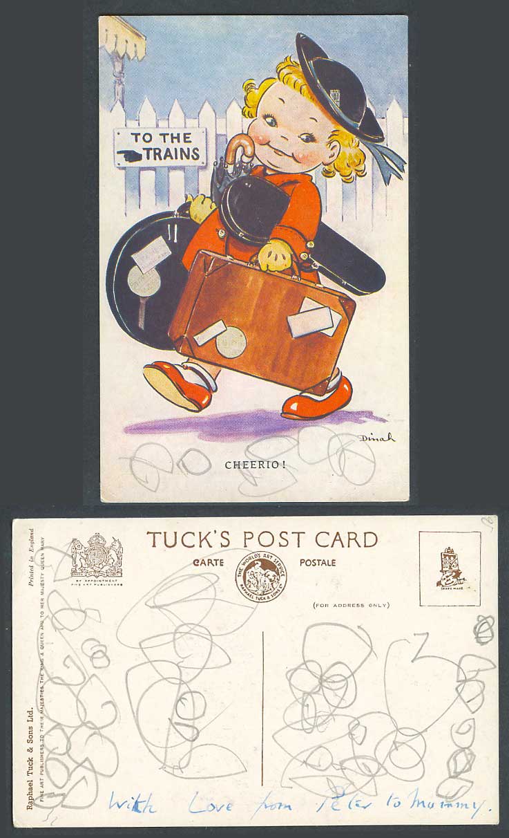 DINAH Artist Signed Old Tuck's Postcard Cheerio! Girl with Luggage To the Trains